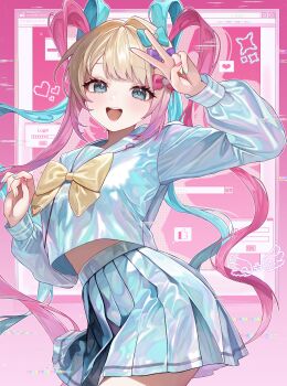 1girl absurdres blonde_hair blue_bow blue_eyes blue_hair bow bowtie chouzetsusaikawa_tenshi-chan commentary cowboy_shot glitch hair_bow highres iridescent_clothes long_hair looking_at_viewer midriff_peek multicolored_hair multicolored_nails multiple_hair_bows nail_polish needy_girl_overdose open_mouth peachiiqr pink_bow pink_hair pixelated pleated_skirt purple_bow quad_tails school_uniform serafuku skirt solo symbol-only_commentary teeth upper_teeth_only user_interface v v_over_head very_long_hair window_(computing) yellow_bow yellow_bowtie