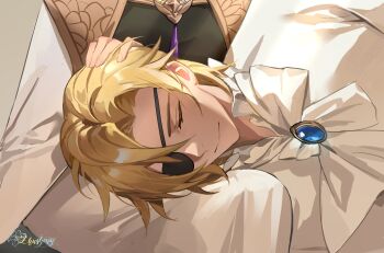 1boy absurdres artist_name blonde_hair blue_gemstone byleth_(fire_emblem) closed_eyes closed_mouth commentary_request curtained_hair dimitri_alexandre_blaiddyd dimitri_alexandre_blaiddyd_(timeskip) eyelashes eyepatch female_byleth_(awakened)_(fire_emblem) female_byleth_(enlightened_one)_(fire_emblem) female_byleth_(fire_emblem) fire_emblem fire_emblem:_three_houses frilled_shirt frills gem gender_request hand_on_another's_head highres lap_pillow male_focus nintendo one_eye_covered robe shirt smile solo_focus tzzis white_robe white_shirt