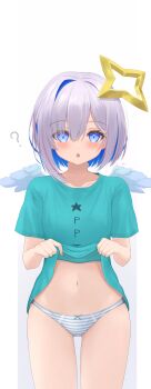1girl :o ? absurdres alternate_costume amane_kanata angel_wings aqua_shirt blue_eyes blue_hair blue_panties blush bow bow_panties clothes_lift collarbone colored_inner_hair cowboy_shot curious feathered_wings grey_hair hair_between_eyes hair_intakes halo highres hololive looking_at_viewer multicolored_hair navel nishiki_vx open_mouth panties shirt shirt_lift short_hair sidelocks signature simple_background solo star_halo stomach striped_clothes striped_panties underwear variant_set virtual_youtuber white_background white_panties white_wings wings