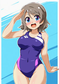 Rule 34 | 1girl, armpit peek, ass, blue background, blue eyes, blue one-piece swimsuit, blush, breasts, commentary request, competition swimsuit, covered navel, dot nose, gluteal fold, grey hair, hand up, head tilt, love live!, love live! sunshine!!, medium breasts, mizusaki johnko, navel, official alternate costume, one-piece swimsuit, open mouth, salute, short hair, simple background, smile, summer uniform, swimsuit, thighs, watanabe you, wavy hair, white background