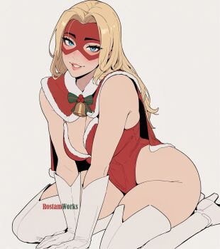 artist_name artist_request bell bell_bow blonde_blazer blonde_hair blue_eyes blush boots bow christmas commentary curvy dispatch english_commentary eye_mask eyelashes gloves green_bow highres leotard long_hair looking_at_viewer mask parted_bangs parted_lips pink_lips red_leotard short_cape strapless teeth thick_thighs thigh_boots thighs white_boots white_gloves