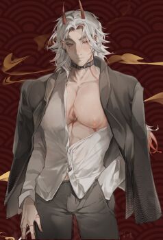 1boy absurdres arataki_itto black_jacket black_pants body_markings chest_tattoo cigarette collar commentary_request facepaint fangs genshin_impact hand_in_pocket hand_tattoo highres holding holding_cigarette horns jacket large_pectorals male_chest male_focus maofan multicolored_hair nipples oni pants pectoral_cleavage pectorals red_eyes red_horns shirt smoke tattoo two-tone_hair white_shirt