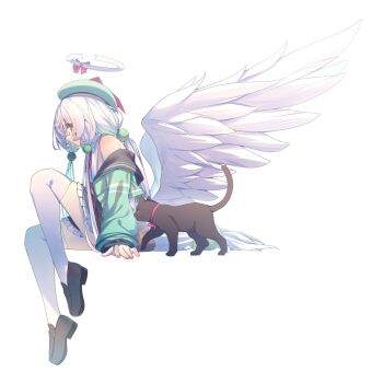 1girl angel angel_wings beret black_shoes black_skirt bow broken_halo closed_mouth comiket_107 commentary_request from_side full_body green_hat green_jacket hair_bobbles hair_ornament halo hat highres jacket long_hair long_sleeves looking_back miniskirt off_shoulder original pink_bow quad_tails shiro_youduki shoes simple_background sitting skirt smile solo thighhighs very_long_hair white_background white_hair white_halo white_thighhighs white_wings wings