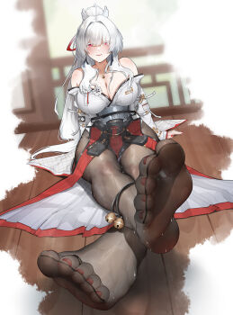 1girl adapted_costume architecture bare_shoulders black_pantyhose blush breasts cleavage closed_mouth colored_eyelashes commentary_request crossed_ankles east_asian_architecture feet foot_focus hair_intakes hair_ribbon hakama hakama_skirt hiyuki_(wuthering_waves) japanese_clothes kimono large_breasts long_hair looking_at_viewer nail_polish no_shoes off_shoulder paid_reward_available pantyhose partial_commentary ponytail red_eyes red_hakama red_nails red_ribbon ribbon sitting skirt soles solo toenail_polish toenails toes wd_(1106592840) white_eyelashes white_hair white_kimono wuthering_waves