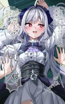 1girl 1other ahoge arms_up ascot blue_gem blush bow bowtie breasts center_frills commentary drill_hair frilled_sleeves frills gem hairband heart heart-shaped_pupils long_hair looking_to_the_side lying medium_breasts mole mole_under_eye on_back open_mouth pointy_ears pov pov_hands purple_ascot purple_bow purple_bowtie purple_hair purple_hairband red_eyes shrug_(clothing) speech_bubble symbol-shaped_pupils translation_request vivian_banshee white_shrug yuge_(setsura) zenless_zone_zero