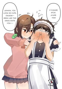 Rule 34 | 1boy, 1girl, absurdres, apron, ayase momo, black dress, black skirt, blush, bow, bowtie, breasts, brown hair, crossdressing, crossdressing (mtf), dandadan, dress, earrings, english text, glasses, hachi (chisano hako), hand over eye, highres, jewelry, long sleeves, maid, maid apron, maid headdress, male maid, medium breasts, medium hair, pink sweater, red bow, red bowtie, red eyes, school uniform, short hair, skirt, smile, speech bubble, sweater, takakura ken (dandadan), teeth, white background