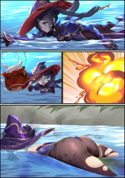 >_< 1girl accident aqua_eyes ass black_gloves black_pantyhose blue_eyes blue_leotard bomb breasts bubble defeat earrings explosion explosive fainting floating genshin_impact gloves gold_trim hair_ornament hair_ribbon hat highleg highleg_leotard highres huge_ass injury jewelry klee_(genshin_impact) leotard mona_(genshin_impact) mvv open_mouth pantyhose partially_submerged peeing purple_hair ribbon ryona small_breasts star_(symbol) star_earrings star_hair_ornament surprised swimming thong_leotard torn_clothes torn_legwear twintails unconscious underwater water wet wide-eyed witch_hat