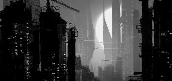 city_lights cityscape commentary crane_(machine) english_commentary greyscale highres industrial_pipe monochrome moon no_humans original painterly raphael-lacoste scenery spacecraft tower