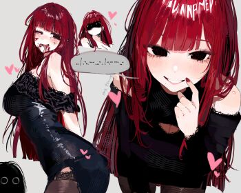 1girl absurdres arms_behind_back artist_name bare_shoulders black_dress black_eyes black_thighhighs blood blood_on_face blunt_bangs breasts cleavage cleavage_cutout clothing_cutout commentary dress english_commentary finger_to_face from_side grey_background heart highres lace lace-trimmed_dress lace_trim large_breasts leaning_forward long_hair looking_to_the_side morse_code ms._tsu multiple_views nail_polish one_eye_closed original red_hair red_nails shaded_face speech_bubble spoken_morse_code thighhighs tongue tongue_out translated