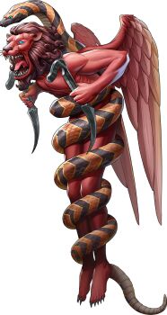 1boy artist_request blue_eyes colored_skin demon_(megami_tensei) dual_wielding feathered_wings highres holding holding_weapon lion_boy mithra_(megami_tensei) official_art open_mouth persona persona_5 persona_5:_the_phantom_x red_skin red_wings sharp_teeth shin_megami_tensei snake teeth third-party_source transparent_background weapon wings