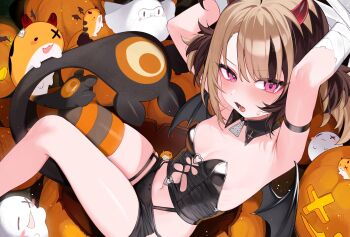 1girl absurdres alternate_costume arm_strap armpit_crease armpits arms_up bandaged_arm bandages bare_shoulders black_bustier black_shorts black_thighhighs blonde_hair breasts brown_hair bustier cleavage clothing_cutout commentary demon_horns demon_wings detached_collar english_commentary garter_straps gigi_murin grem_(gigi_murin) heart heart_o-ring highres hip_vent hololive hololive_english horns hoshi_usagi looking_at_viewer midriff multicolored_hair navel o-ring o-ring_top open_mouth pink_eyes short_hair short_twintails shorts single_garter_strap single_thighhigh small_breasts solo striped_clothes striped_thighhighs tail thigh_strap thighhighs twintails two-tone_hair vertical-striped_clothes vertical-striped_thighhighs virtual_youtuber wings