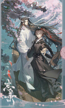 2boys absurdres ahoge black_boots black_hair black_hanfu black_sash boat boots border branch brown_eyes brown_hair cherry_blossoms chinese_clothes chinese_text closed_mouth commission couple falling_petals fish floating_hair flower full_body hair_ornament hair_ribbon hanfu headband highres holding_hands koi lan_wangji long_hair long_sleeves looking_at_viewer male_focus modao_zushi multiple_boys on_boat outdoors outstretched_hand parted_lips petals pink_flower pink_petals ponytail red_ribbon ribbon robe sash second-party_source shuangshou_shimingle_meibanfa sidelocks sky smile standing tassel tassel_hair_ornament topknot tree very_long_hair water watercraft wei_wuxian white_hanfu white_headband wide_sleeves xiao_guan_(headdress) yaoi yellow_eyes