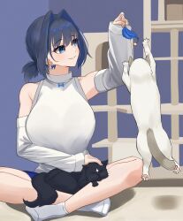 Rule 34 | 1girl, black hair, blue eyes, blue hair, bow, cat, cat teaser, cat tower, crossed legs, detached sleeves, earrings, eipanguino, hair intakes, highres, hololive, hololive english, jewelry, multicolored hair, on lap, ouro kronii, petting, playing, shirt, short hair, sleeping, sleeping on person, sleeveless, sleeveless turtleneck, smile, turtleneck, virtual youtuber