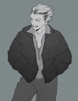 Rule 34 | 1boy, bokuto koutarou, closed eyes, collared shirt, commentary, contrapposto, crew neck, facial hair, goatee, grey background, greyscale, grin, haikyuu!!, hair slicked back, hands in pockets, jacket, layered shirt, long sleeves, male focus, monochrome, multicolored hair, open clothes, open jacket, pants, shirt, short hair, smile, solo, streaked hair, symbol-only commentary, unreal (artist), unzipped