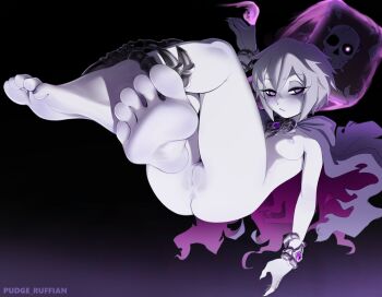 1girl absurdres anus ass book breasts dark_background grey_hair highres lich_(monster_girl_encyclopedia) looking_at_viewer monster_girl_encyclopedia nipples pale_skin pudgeruffian pussy pussy_juice short_hair small_breasts solo tentacles uncensored