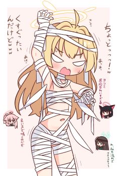 4girls absurdres ahoge airi_(blue_archive) arm_up armpits bandaged_arm bandaged_leg bandages blank_eyes blonde_hair blue_archive blush border breasts chibi chibi_inset closed_mouth commentary_request cowboy_shot fang halo hana_kazari highres kazusa_(blue_archive) long_hair multiple_girls natsu_(blue_archive) navel outside_border pink_background simple_background small_breasts sweat translation_request v-shaped_eyes white_border yellow_halo yoshimi_(blue_archive) yoshimi_(halloween)_(blue_archive)