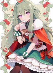 Rule 34 | 1girl, :o, ace (playing card), ace of hearts, black pantyhose, blush, border, capelet, card, crown, dot nose, fur-trimmed capelet, fur trim, green hair, green skirt, green wrist cuffs, hair between eyes, heart, highres, holding, holding card, hrn ohana, knees together feet apart, kusanagi nene, layered skirt, leaning forward, looking at viewer, mini crown, open mouth, outside border, pantyhose, petticoat, playing card, pleated skirt, project sekai, purple eyes, red capelet, signature, sitting, skirt, solo, white border