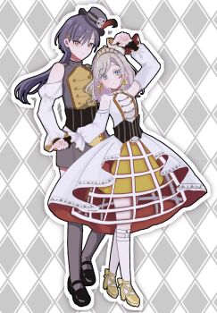 2girls argyle_background arm_up bare_shoulders black_corset black_shoes black_thighhighs blue_eyes bourei_(lvle_aqhs) ceras_yanagida_lilienfeld clothing_cutout commentary corset crinoline dress edel_note edelied full_body grey_background grey_hair hair_ornament highres jellyfish_cut katsuragi_izumi legwear_garter link!_like!_love_live! long_hair love_live! mary_janes multiple_girls official_alternate_costume shoes shoulder_cutout skirt socks symbol-only_commentary thighhighs triangle_hair_ornament virtual_youtuber waltz_(dance) white_dress white_socks yellow_shoes yellow_skirt