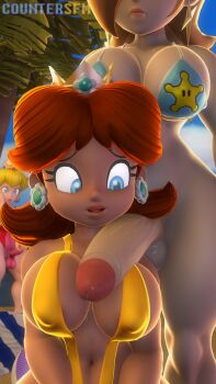 1girl 2futa 3d beach bikini blonde_hair blue_eyes breasts brown_hair countersfm ear_piercing earrings futanari highres huge_penis jewelry large_breasts large_penis long_hair looking_at_viewer mario_(series) multiple_futa nintendo open_mouth penis penis_grab piercing princess_daisy princess_peach rosalina star_(symbol) star_earrings super_mario_bros._1 super_mario_galaxy super_mario_land surprised swimsuit testicles