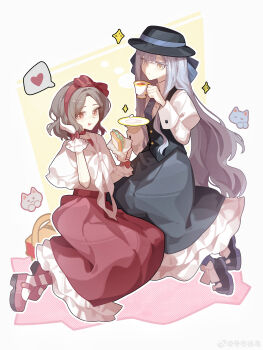 Rule 34 | 2girls, absurdres, bang dream!, bang dream! it's mygo!!!!!, black ribbon, black skirt, black vest, blue hair, bow, commentary, cup, ebizuka tomo, food, girls band cry, grey hair, hair bow, hair ribbon, haobuguniao, heart, highres, holding, holding cup, instrument connection, long hair, looking at viewer, multiple girls, red bow, red shoes, red skirt, ribbon, sandwich, shirt, shoes, short hair, skirt, spoken heart, togawa sakiko, vest, white background, white shirt