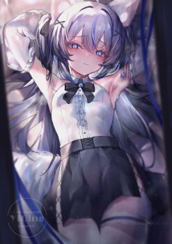 1girl animal_ears armpits arms_behind_head arms_up black_bow black_skirt blue_eyes blue_hair blurry blurry_foreground bow breasts center_frills closed_mouth collared_shirt commentary_request depth_of_field dress_shirt frills grey_hair hair_between_eyes hair_intakes highres long_hair long_sleeves looking_at_viewer multicolored_hair original pleated_skirt puffy_long_sleeves puffy_sleeves shirt skirt sleeveless sleeveless_shirt small_breasts solo streaked_hair very_long_hair watermark white_shirt white_sleeves yinber
