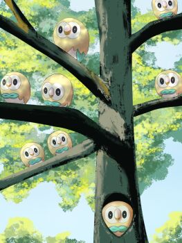 animal_focus bird blue_sky gen_7_pokemon highres in_tree looking_at_viewer nintendo no_humans outdoors owl perching pokemon pokemon_(creature) pokemon_focus redamber334 rowlet sky tree