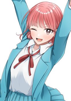 1girl ;d ao_no_hako aqua_jacket aqua_skirt arms_up blazer chouno_hina collared_shirt commentary_request highres jacket looking_at_viewer lower_teeth_only neck_ribbon one_eye_closed open_clothes open_jacket open_mouth pink_eyes pink_hair pleated_skirt red_ribbon ribbon roroichi shirt shirt_tucked_in simple_background skirt smile solo teeth white_background white_shirt