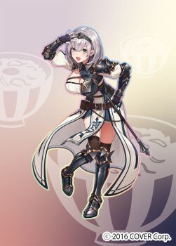 1girl :d armor armored_dress belt black_gloves black_thighhighs breasts brown_belt chest_guard chest_harness cleavage_cutout clothing_cutout collared_dress commentary_request copyright_notice double-parted_bangs dress dust_(mth) fingerless_gloves full_body gloves green_eyes grey_hair hairband half_crown_braid harness hololive large_breasts leather_belt medium_hair mole mole_on_breast official_art open_mouth pauldrons pelvic_curtain pleated_dress puffy_sleeves shirogane_noel shirogane_noel_(1st_costume) short_dress shoulder_armor single_pauldron smile solo teeth thighhighs upper_teeth_only vambraces virtual_youtuber wavy_hair