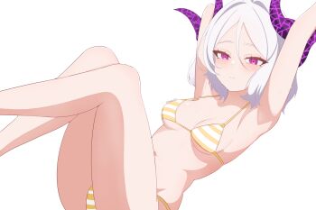 1girl armpits bikini blue_archive breasts demon_girl demon_horns highres hina_(blue_archive) horns looking_at_viewer medium_hair navel purple_eyes simple_background small_breasts solo stasyafelix swimsuit white_background white_hair
