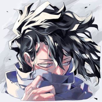 1boy adjusting_scarf aizawa_shota bandages black_eyes black_hair bloodshot_eyes boku_no_hero_academia grey_scarf hair_between_eyes hand_up looking_to_the_side male_focus medium_hair portrait renji_(re_lv0) scar scar_on_face scarf solo