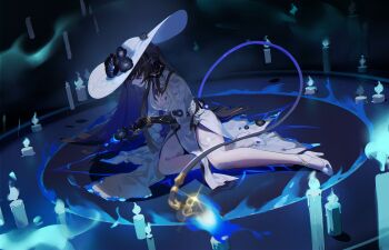 1girl absurdres black_flower black_gloves black_hair blue_fire breasts claws closed_mouth demon_horns demon_tail dress fire flower gloves hat hat_flower high_heels highres honkai:_star_rail honkai_(series) horns large_breasts long_hair purple_eyes shoes sitting solo sun_hat tail the_dahlia_(honkai:_star_rail) white_dress white_hat white_shoes woodylixx yokozuwari