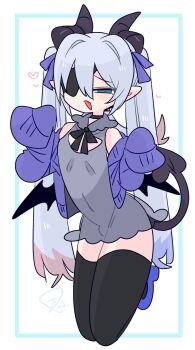 1boy bare_shoulders black_choker black_ribbon black_thighhighs black_wings blue_bow blue_cardigan blue_eyes blue_hair blue_shoes bow bulge cardigan choker cleavage_cutout clothing_cutout collarbone collared_dress colored_tips commentary covered_navel crossdressing crossdressing_(mtf) demon_boy demon_horns demon_tail double-parted_bangs dress eyepatch fang flipped_hair frills full_body grey_dress grey_horns grey_tail hair_between_eyes hair_bow hair_intakes hands_up heart heart-shaped_pupils high_heels highres horns kneeling light_blush long_hair long_sleeves looking_at_viewer low_wings male_focus microdress mini_wings multicolored_hair narrowed_eyes neck_ribbon no_nose off_shoulder one_eye_covered op_na_yarou open_cardigan open_clothes open_mouth original pointy_ears quad_tails raised_inner_eyebrows red_hair ribbon rigel_(op_na_yarou) shoes sidelocks simple_background skin_fang sleeveless sleeveless_dress sleeves_past_fingers sleeves_past_wrists solo straight_hair symbol-shaped_pupils tail thighhighs thighs trap very_long_hair watermark white_background white_hair wings
