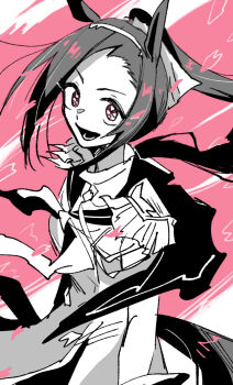 1girl ahozur_dayo animal_ears bow ear_ornament epaulettes flower_in_eye gloves hairband horse_ears horse_girl horse_tail long_hair looking_at_viewer monochrome open_mouth partially_colored ponytail sakura_bakushin_o_(blossom_in_learning)_(umamusume) sakura_bakushin_o_(umamusume) school_uniform smile solo symbol_in_eye tail umamusume