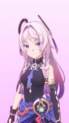 1girl 3d 60+fps :t animated artist_name asymmetrical_gloves audible_speech bare_shoulders black_gloves black_leotard blender_(medium) blinking blue_eyes braid breasts citlali_(genshin_impact) closed_eyes closed_mouth crossed_arms elbow_gloves facial_tattoo genshin_impact gloves hair_ornament hands_on_own_hips highres japanese_audio leotard long_hair medium_breasts necktie pink_background pink_hair pink_pupils pout purple_necktie purple_skirt simple_background single_elbow_glove single_glove skirt solo sound stormz67 subtitled tagme talking tattoo tsundere twin_braids upper_body video vision_(genshin_impact) watermark