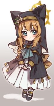 1girl animal_ear_headwear black_shoes black_veil blue_archive blue_eyes blue_neckerchief commentary_request deformed fake_animal_ears flower full_body grey_background halo highres long_hair long_sleeves looking_at_viewer mari_(blue_archive) neckerchief nun orange_hair ryoukenle shoes simple_background smile socks solo veil white_socks yellow_halo