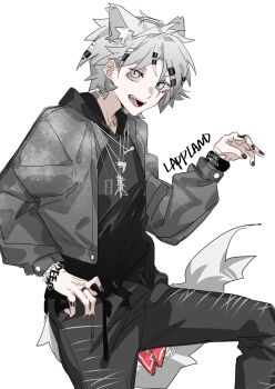 1girl ambience_synesthesia animal_ears arknights black_hoodie black_nails black_pants bracelet commentary dog_tags grey_eyes grey_hair grey_jacket hair_ornament hairclip hashtag-only_commentary highres hood hoodie jacket jewelry lappland_(ambience_synesthesia)_(arknights) lappland_(arknights) long_sleeves looking_at_viewer molu_stranger necklace open_clothes open_jacket open_mouth pants sharp_teeth short_hair simple_background slit_pupils solo tail teeth white_background wolf_ears wolf_girl wolf_tail