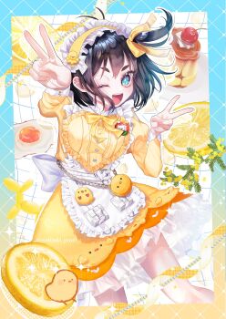 1girl ahoge apron black_hair blue_eyes commission dress food fruit highres looking_at_viewer motizuki_piyo9 one_eye_closed open_mouth original sensitive short_hair smile solo v yellow_dress