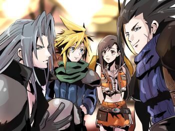 1girl 3boys armor arms_behind_back black_coat black_hair blonde_hair blue_eyes blue_jacket blue_sweater blurry blurry_background brown_skirt brown_vest cloud_strife coat commentary_request cowboy_hat cowboy_shot crisis_core:_final_fantasy_vii crop_top cross_scar facial_scar final_fantasy final_fantasy_vii green_eyes green_scarf grey_hair hat helmet highres holding holding_unworn_helmet jacket long_hair looking_at_another looking_at_viewer miniskirt motsutei multiple_boys nibelheim open_clothes open_mouth open_vest outdoors red_eyes ribbed_sweater scar scar_on_cheek scar_on_face scarf sephiroth shinra_infantry shinra_infantry_uniform shoulder_armor skirt sleeveless sleeveless_turtleneck smile spiked_hair sweater tifa_lockhart tifa_lockhart_(cowgirl) turtleneck turtleneck_sweater unworn_hat unworn_headwear unworn_helmet upper_body vest zack_fair