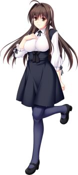 1girl ahoge black_ribbon blue_pantyhose breasts brown_eyes brown_hair casual dress full_body game_cg hair_intakes hairband hand_on_own_chest highres large_breasts large_variant_set leg_up long_hair long_sleeves looking_at_viewer maishima_yuri mary_janes nerawareta_megami_tenshi_angel_tear non-web_source official_art pantyhose ribbon shirt shoes skirt solo standing standing_on_one_leg transparent_background tsukumo_kazuita underbust variant_set virgin_killer_outfit