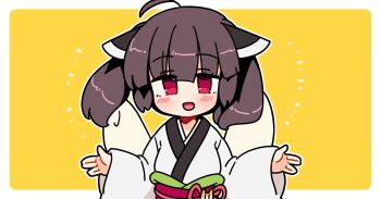 Rule 34 | 1girl, :d, ahoge, blunt bangs, blush, border, brown hair, hands up, headgear, ini (inunabe00), japanese clothes, kimono, kiritanpo (food), long sleeves, looking at viewer, obi, open mouth, outline, outside border, red eyes, red sash, sash, short hair, simple background, smile, solo, touhoku kiritan, twintails, upper body, voiceroid, white border, white kimono, white outline, wide sleeves, yellow background