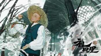 1boy absurdres aqiu4682 artist_name asian bald bamboo basket bead_necklace beads black_pants black_ribbon blue_vest brown_eyes brown_hat chinese_clothes chinese_commentary chinese_text commentary_request cowboy_shot dated day expressionless fish forehead goldfish hat highres holding holding_basket hydrokinesis jewelry long_sleeves looking_at_viewer male_focus neck_ribbon necklace original outdoors pants parted_lips prayer_beads puffy_long_sleeves puffy_sleeves ribbon shirt sky solo straw_hat thick_eyebrows translation_request tree vest water water_drop watermark weibo_watermark white_shirt white_sky