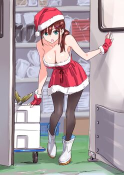 1girl aqua_eyes bare_shoulders black_pantyhose boots breasts brown_hair chinatsu_(suzutsuki_kurara) cleavage collarbone commentary_request dress fingerless_gloves full_body fur-trimmed_dress fur-trimmed_gloves fur_trim gloves hat highres large_breasts long_hair looking_at_viewer open_mouth original pantyhose red_dress red_gloves red_hat santa_costume santa_dress santa_hat solo strapless strapless_dress suzutsuki_kurara white_boots