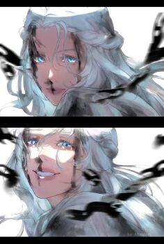 1girl absolem0 artist_name blood blood_on_face blue_eyes braid final_fantasy final_fantasy_xiv half_up_braid highres long_hair looking_at_viewer multiple_views nosebleed portrait smile stylized_blood tearing_up tears venat_(ff14) white_background white_hair