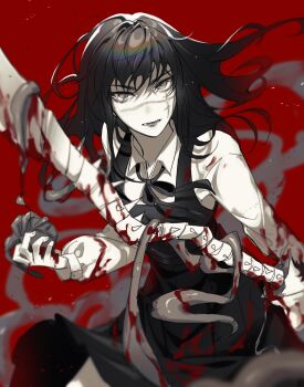 1girl black_hair blood blood_on_face chainsaw_man commentary dress highres kikan_(kikanoe) long_hair looking_at_viewer mitaka_asa parted_lips pinafore_dress red_background scar scar_on_face sleeveless sleeveless_dress solo spinal_cord