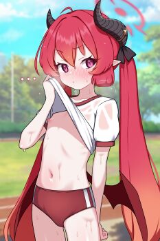 1girl absurdres accidental_exposure blue_archive blush buruma clothes_lift gym_uniform halo highres horns junko_(blue_archive) lifting_own_clothes loli long_hair low_wings navel nipples no_bra outdoors red_buruma red_hair shirt shirt_lift short_sleeves solo twintails wet wet_clothes wet_shirt white_shirt wings zing_(z_z_zing)