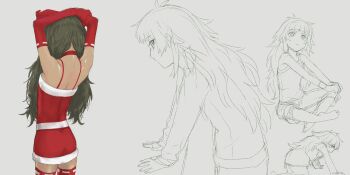 1girl bare_shoulders blunt_bangs choker dress elbow_gloves frlm_behind from_behind fur-trimmed_dress fur_trim gloves green_hair highres hiyajou_maho jacket long_hair median_furrow menomorute messy_hair multiple_costumes multiple_views red_choker red_gloves red_thighhighs santa_costume santa_dress science_adventure short_dress sitting solo steins;gate steins;gate_0 tank_top thighhighs very_long_hair zettai_ryouiki