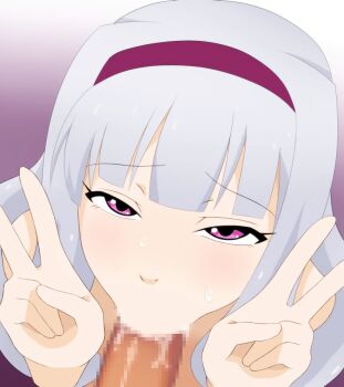 1boy 1girl :&gt;= blush censored double_v duck_face erection fellatio hairband hetero idolmaster idolmaster_(classic) looking_at_viewer looking_up oral penis pink_eyes pov saliva shijou_takane shirogane813 silver_hair sweat v