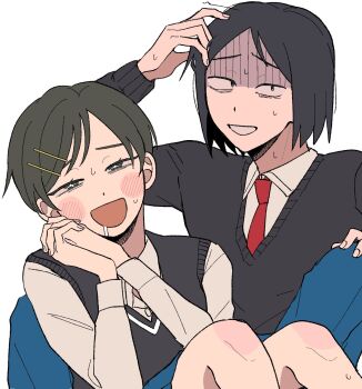 +_+ :d black_eyes black_hair black_sweater black_sweater_vest blue_pants blue_skirt blush collared_shirt commentary cousins drooling futsuu_no_keion-bu hair_ornament hairpin hand_on_own_head highres inusuki_kogeta knees_up kouyama_rin long_sleeves lovestruck necktie nervous_smile open_mouth own_hands_clasped own_hands_together pants parted_bangs pixie_cut red_necktie school_uniform shaded_face shirt short_hair simple_background sitting skirt smile sweat sweater sweater_vest taguchi_ryuuya white_background white_shirt