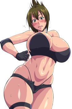 1girl blush bra breasts green_eyes green_hair highres huge_breasts kimura_naoki kisaragi_chitose micro_shorts panties plump shorts solo super_robot_wars super_robot_wars_v sweat underwear