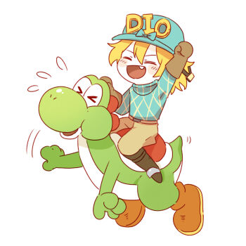 >_< 1boy blonde_hair blue_hat blue_sweater blush_stickers boots brown_boots brown_gloves brown_pants closed_eyes commentary crossover diego_brando fang flying_sweatdrops full_body gloves hair_between_eyes hat jojo_no_kimyou_na_bouken luminous_slime male_focus mario_(series) nintendo open_mouth pants short_hair simple_background species_connection steel_ball_run sweater white_background yoshi